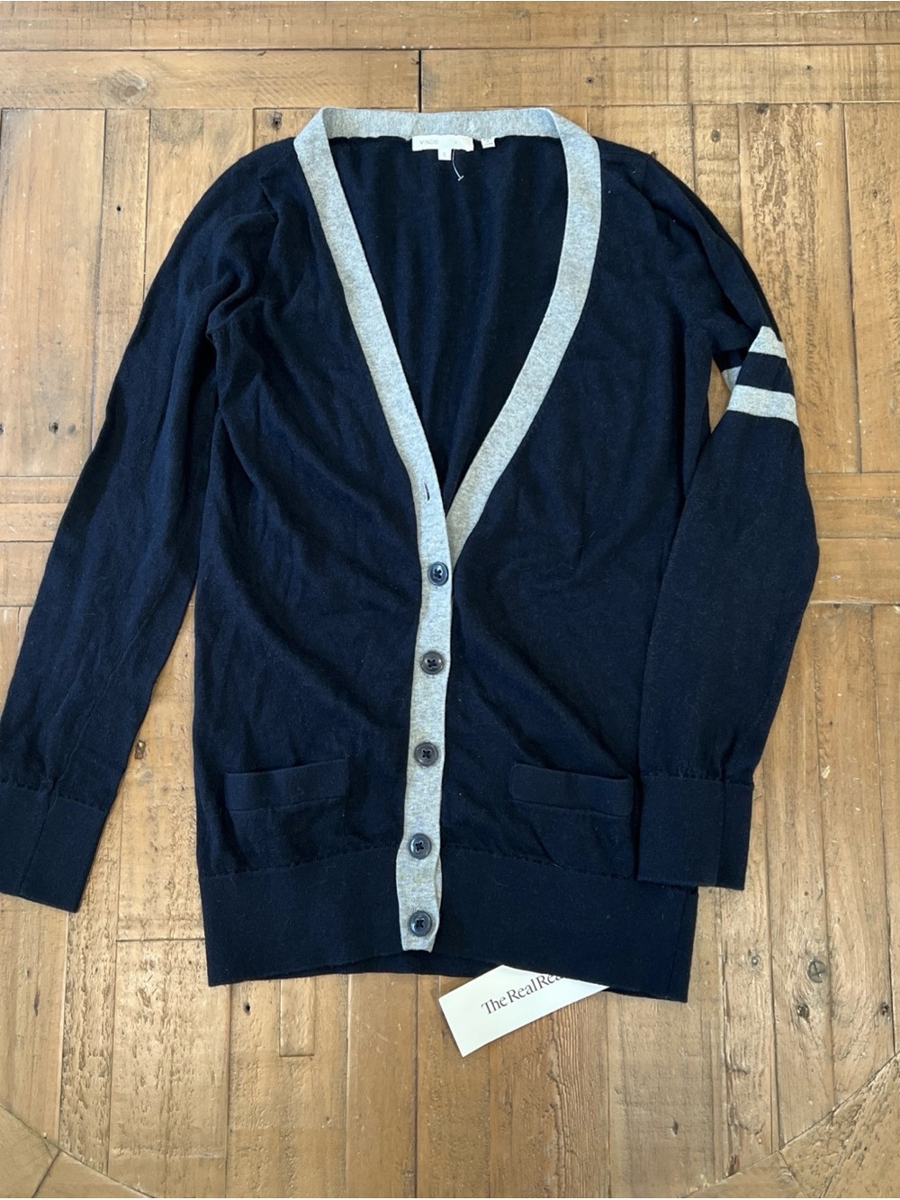 Vince Varsity Style Cardigan Sweater Women’s Small Blue Gray Cashmere Cotton